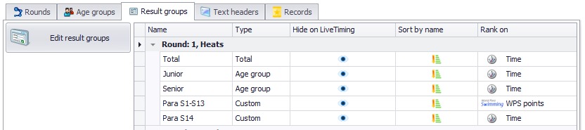 Image of result group settings in Swimify Meet Manager